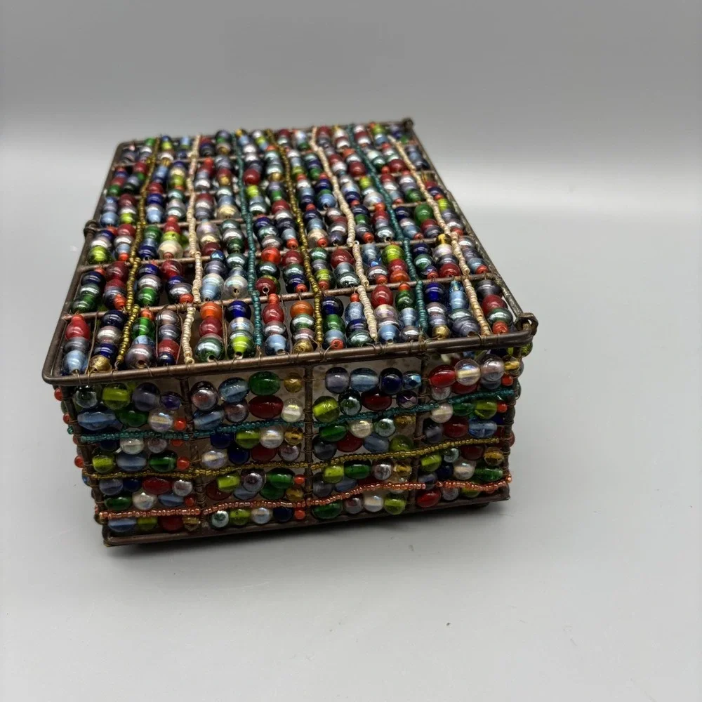 Vintage Glass Beaded Metal Jewelry‎ Box Copper Color Boho Retro